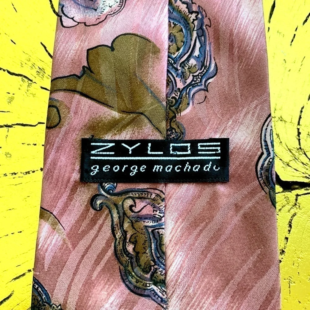 Zylos George Machado Men’s Tie. 100% Silk. Mauve Base w/ Brown & Purple Paisley